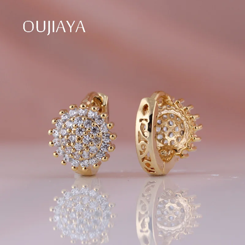 OUJIAYA Simple Exquisite 585 Rose Gold round earrings Natural Zircon Fine Jewelry Women Dangle Earrings RU Hot Party Wedding A59