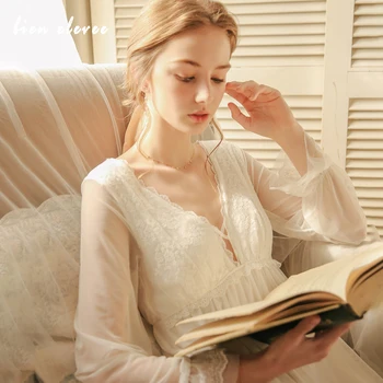 

Nightgown Sleepwear Women Princess Lingerie Soft Cotton Mesh Lace Sleepdress Nightwear Elegant Ladies Pijamas de mujer Sleepwear