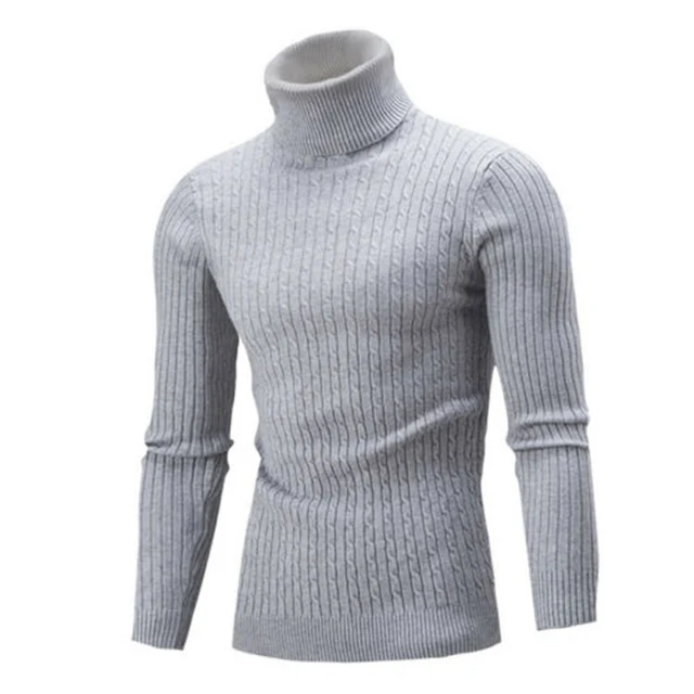 Casual Men Winter Solid Color Turtle Neck Long Sleeve Twist Knitted Slim Sweater Men's Knitted Sweaters Pullover Men Knitwear gray