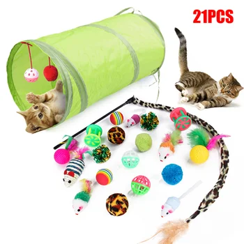 

Newest 21Pcs/set Cats Toys Interactives Kitten Toys Assortments Tunnel Balls Rats Feather Teaser Wand Bell Balls