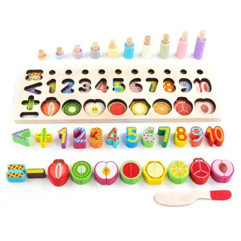 

Wooden Montessori 3-in-1 Wooden Fruit Shape Baby Numbers Count Geometric Shape Cognition Matching Board Puzzle Educational Toy