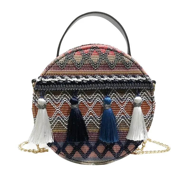 

Women Tassel Weaving Beach Bags Fashion Ins National Style Portable Chain Small Round Bags Stripe Handmade Circle Women Bags #20