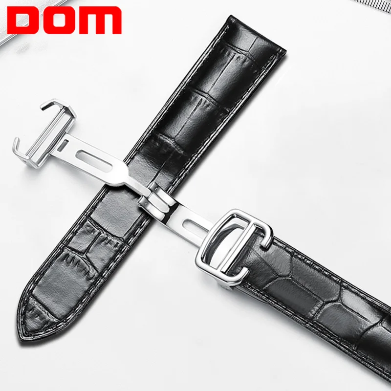 Ремешок DOM из натуральной кожи для часов браслет наручных с застежкой бабочкой