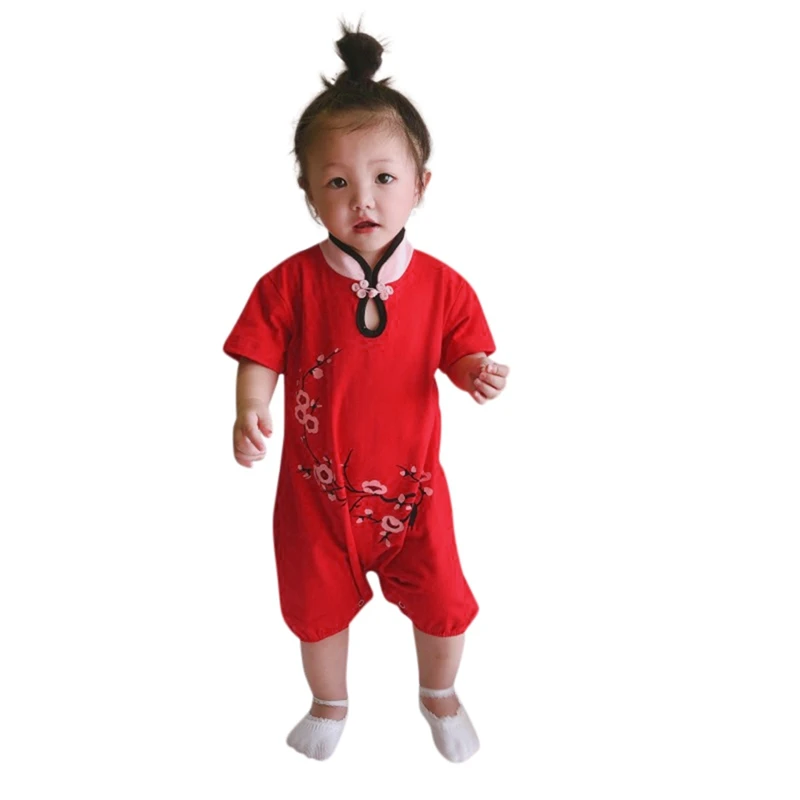 Детские летние комбинезоны в китайском стиле; Cheongsam Bebe; костюм с цветочным принтом; элегантные вечерние комбинезоны для малышей; стильная одежда для малышей