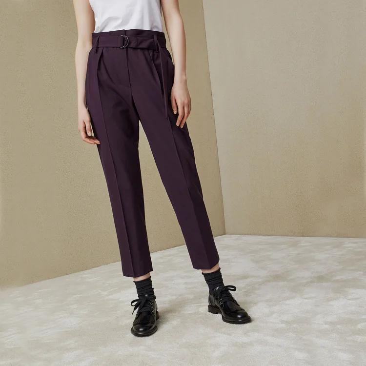 

2019 New Style Europe And America High-waisted Simple Slim Fit Slimming Capri Wine Red Pants Handsome Elegant Oblique Thread Jan