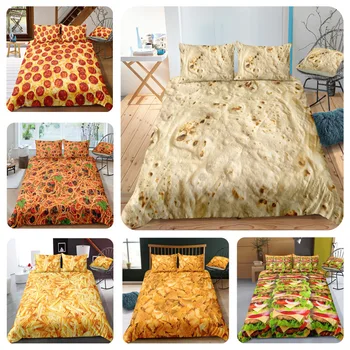 

Real 3d Pattern Food Theme Cover Set Polyester Golden Pizza Cake Chips Bedding Set Super King Queen Full Size Bed Set