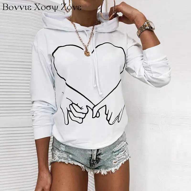 

Women Autumn Long Sleeve Hands Heart Print Lover Hooded Tops