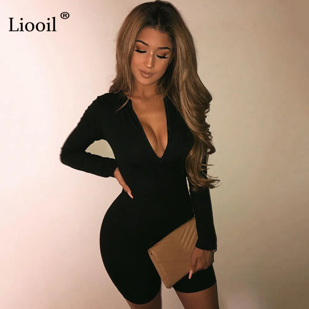 Long Sleeve-Black Liooil, черный, серый, Облегающий комбинезон, женская одежда с обеих сторон, сексуальный комбинезон, осень, на молнии, вечерние, Клубные комбинезоны, комбинезоны, шорты - Цвет: Long Sleeve-Black