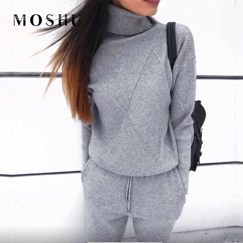 

2 Pieces Sets Women Knitted Tracksuit Turtleneck Sweatshirts Autumn Winter Casual Pullovers Sweater Knit Pants Sporting Suits