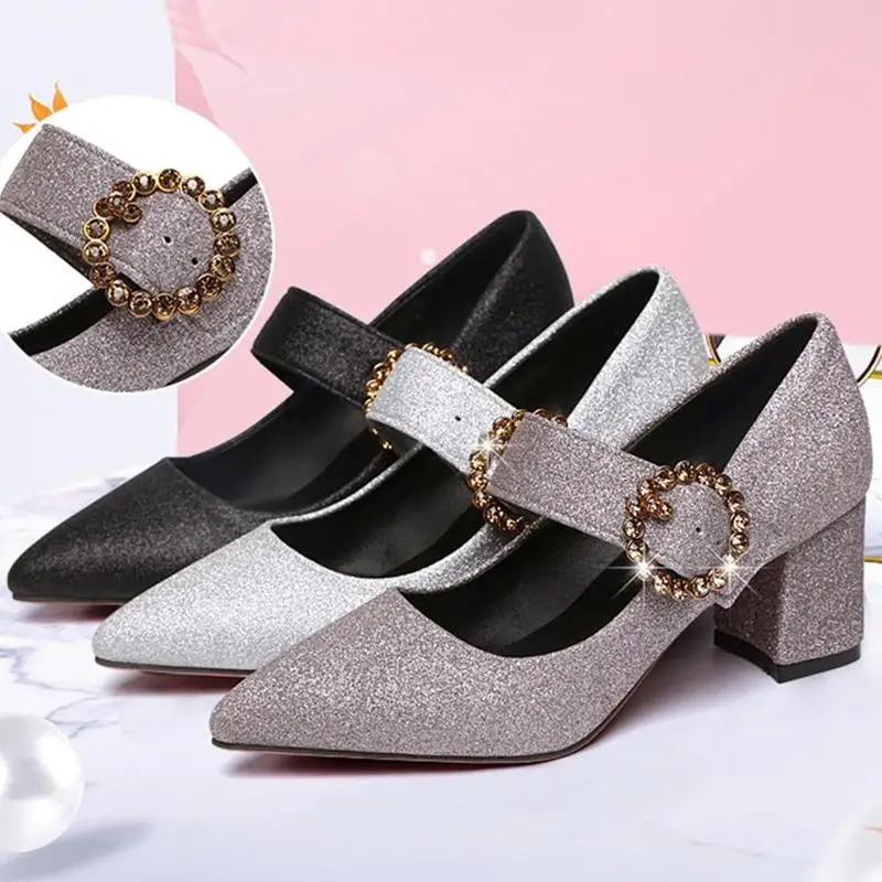 Spring And Autumn New Fashion Buckle Thick With Pointed Single Shoes Wild Sequined High Heels Thick-soled High-heeled Shoes
