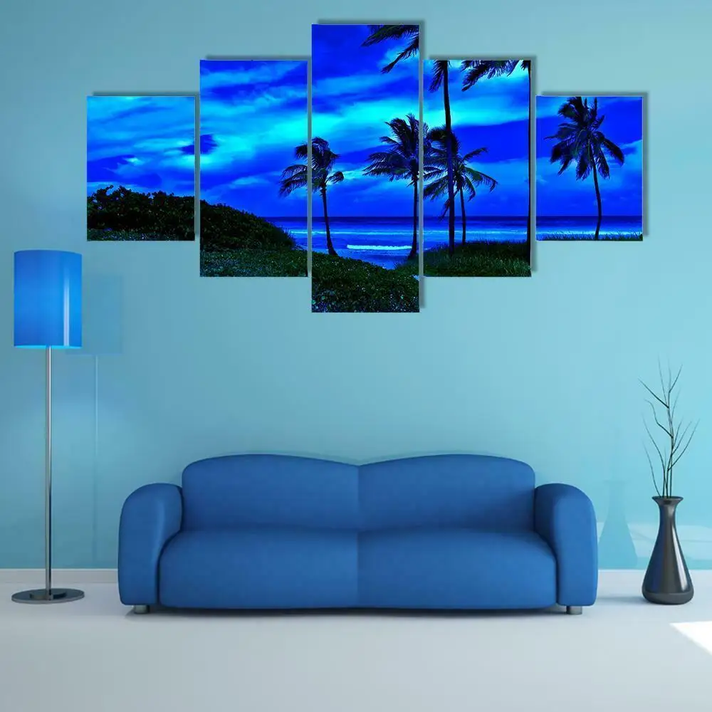 

Beautiful Blue Night Sky Sea 5 Panel Canvas Picture Print Wall Art Canvas Painting Wall Decor for Living Room Poster No Framed