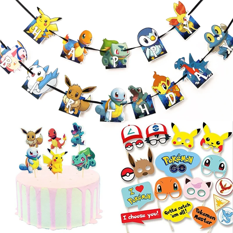 1 Set Cartoons Pikachu Pokemon Theme Party Supplies Birthday Party Banners Cake Flag Photo Props Children S Party Supplies Set Party Diy Decorations Aliexpress