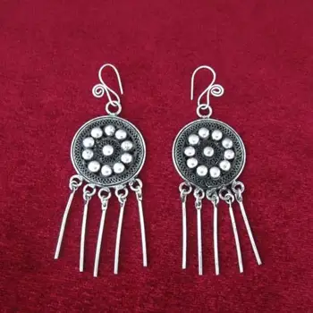 

Chinese Handmade miao silver earrings traditional filament drum tassel earring