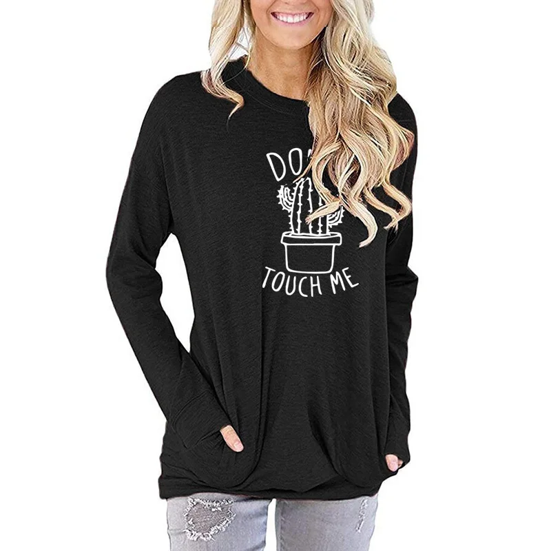 

New Women's T-shirt O-Neck Harajuku Colorful Cactus Don't Touch Me Print Top Long Sleeve Casual Female T shirt Oversized Warm