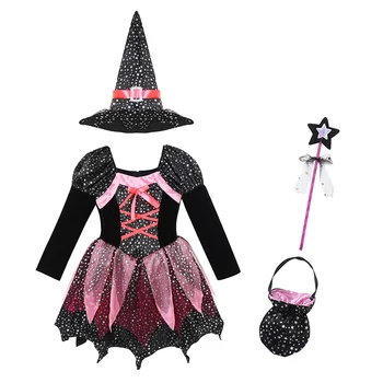 

Girl Halloween Witch Costume Sparkling Silver Star Print Performance Dress Kids Witch Fancy Cosplay and Pointed Hat Wand Set
