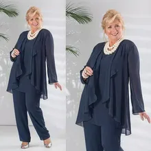 Cheap Elegant Mother of the Bride Pant Suits Dark Navy 3 Pieces Chiffon Long Sleeve Mother's Dresses Plus Size Wedding Guest Dress Cheap Elegant Mother of the Bride Pant Suits Dark Navy 3 Pieces Chiffon Long Sleeve Mother's Dresses Plus Size Wedding Guest Dress