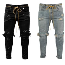 Pantalones vaqueros rotos de estilo Hip Hop para hombre, ropa de calle masculina con parches bordados, estilo pitillo, rasgados y desgastados, gran oferta