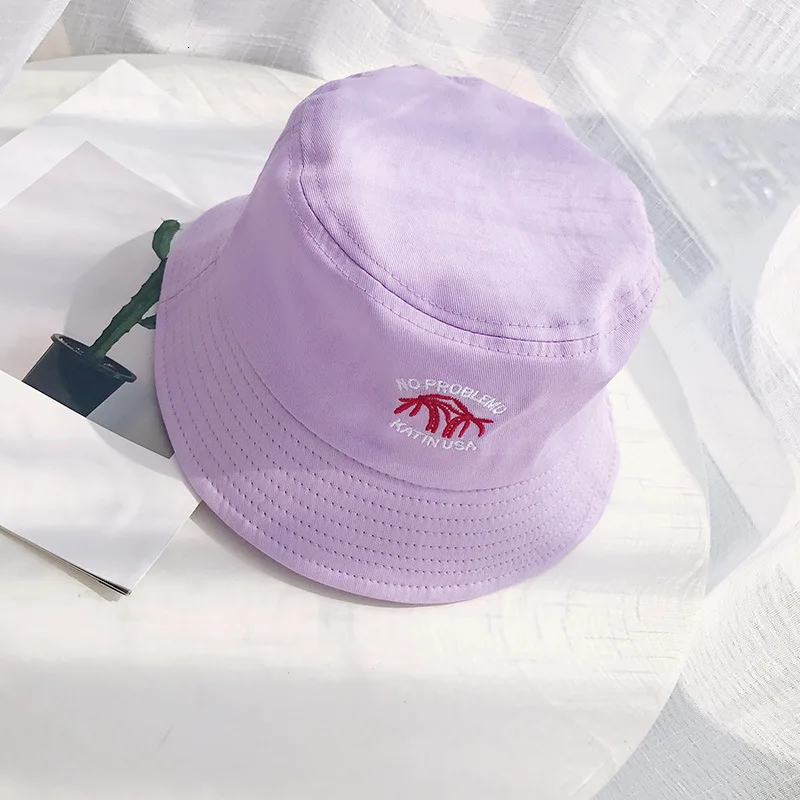 Coconut Trees Purple Летний японский стиль письмо клубника узор вышитая Рыбацкая шляпа Женская Твердая Солнцезащитная шляпа Lovey Повседневная колпак шута - Цвет: Coconut Trees Purple