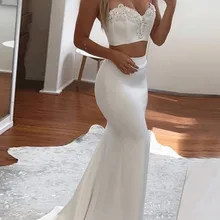 Сексуальное платье для выпускного вечера из двух частей с милым шлейфом, белое атласное платье для выпускного вечера с аппликацией из бисера, вечерние платья