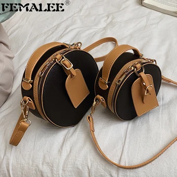 

Small Circle PU Leather Handbag Contrast Fashion Shoulder Bag Lady Round Travel Tote Female Two-tone Crossbody Bag Lady Hand Bag