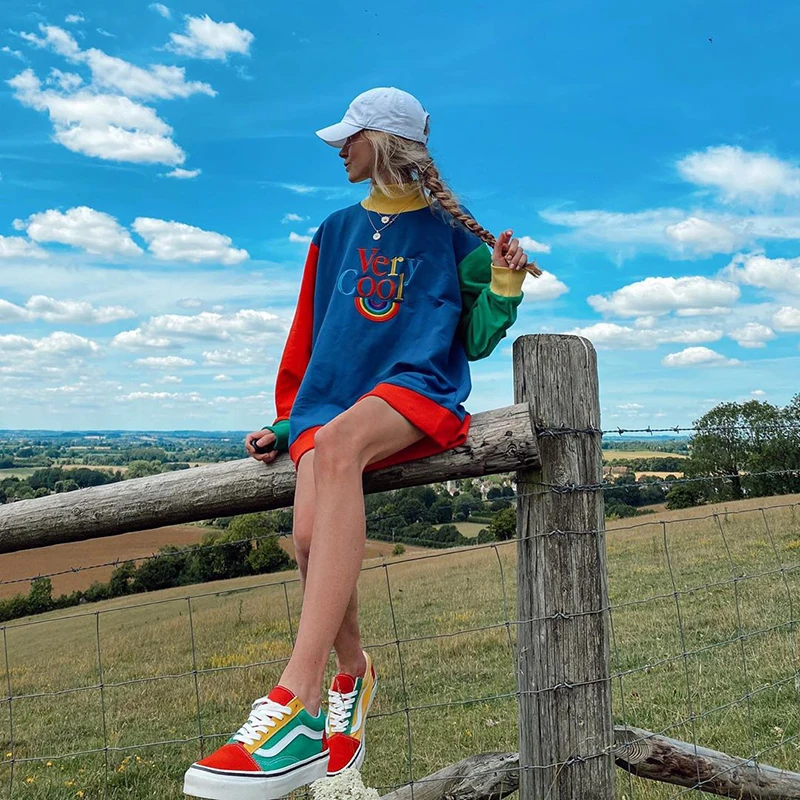 IAMSURE Streetwear Letter Print Long Sleeve Casual Loose Sweatshirt For Women Autumn Patchwork Oversize Lady Fashion Pullover
