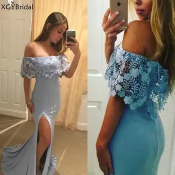

New Arrival 2021 Light Blue Evening Dress Off The Shoulder Split Lace Long Formal Pageant Holidays Wear Graduation Serene hill