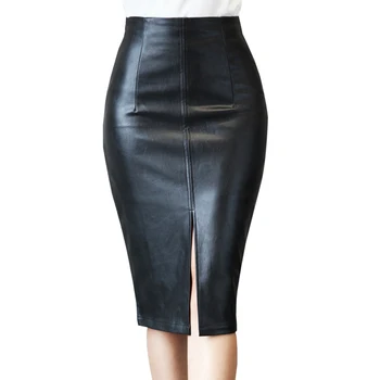 

2019 New Women High Waist PU Leather Midi Skirt Autumn Winter Ladies Package Front Hip Slit Skirt Slim Step Skirts
