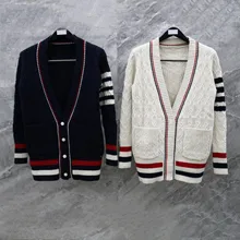 Aliexpress - 2021 Spring And Autumn Stitching Striped Waist Wool V-Neck Cardigan TB Mid-Length Twist Knit Sweater Loose Sweater Women