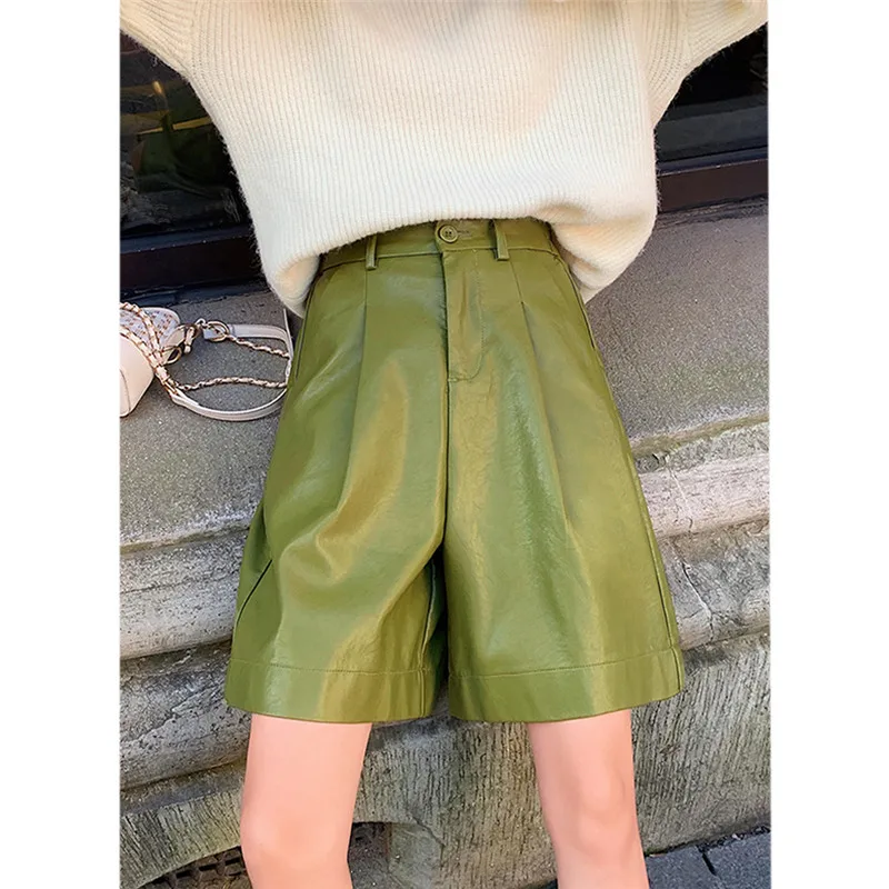 

Spring Autumn Women's PU Shorts Elastic High Waist Five Points Leather Shorts Female Black Wide Leg Shorts Plus SIze 4XL AB2086