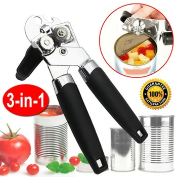 

Stainless Steel 3-IN-1 Tin Can Opener Cutter Easy Comfy Handle Grip Kitchen Tool Black For Opening Bottle Food Grade Material