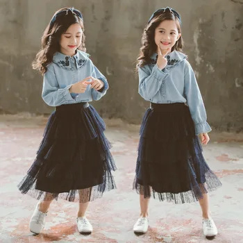 

Teen girl clothes suit for children autumn clothing sets denim embroidered shirt+cake skirt 2pcs outfits for kid girls 8 12 Year