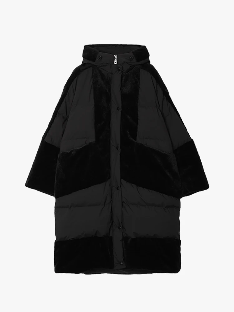 OriginalDesign AIGYPTOS, женская зимняя пуховая куртка, толстая, теплая, искусственный мех, пэтчорк, длинное, красное, повседневное, негабаритное, с капюшоном, пуховое пальто