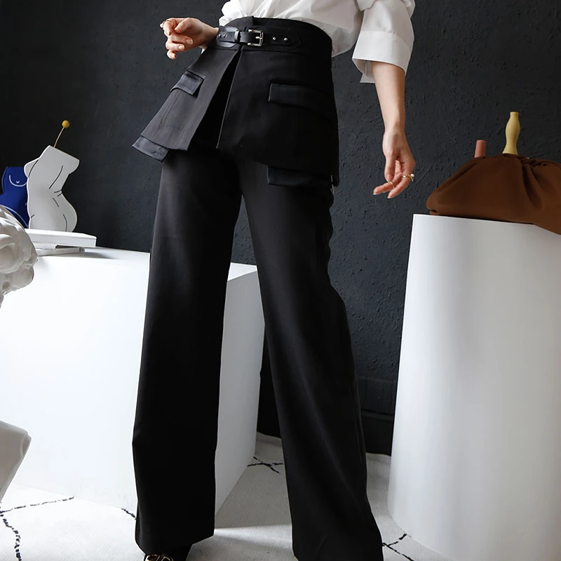 CHICEVER Лоскутные женские широкие брюки из искусственной кожи с высокой талией с ремнями осенние брюки для женщин Мода одежда Новинка