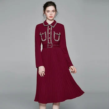 

COIGARSAM Full Sleeve Women dress Spring High Waist Turn-down Collar Dresses Wine Red 8132