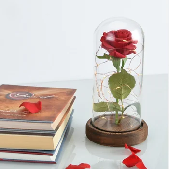 

Beauty and the Beast Rose Red Rose in a Glass Dome with A Wooden Base for Valentine's Gifts Wedding Anniversary Birthday