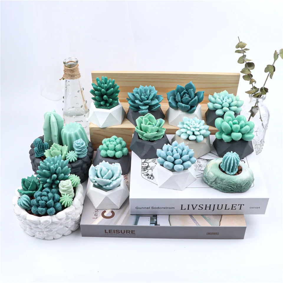 다육 식물 실리콘 캔들 몰드 유칼립투스 장식 도구 왁스, DIY 수제 석고 선인장 아로마 테라피 비누, 3D, 17 가지 스타일