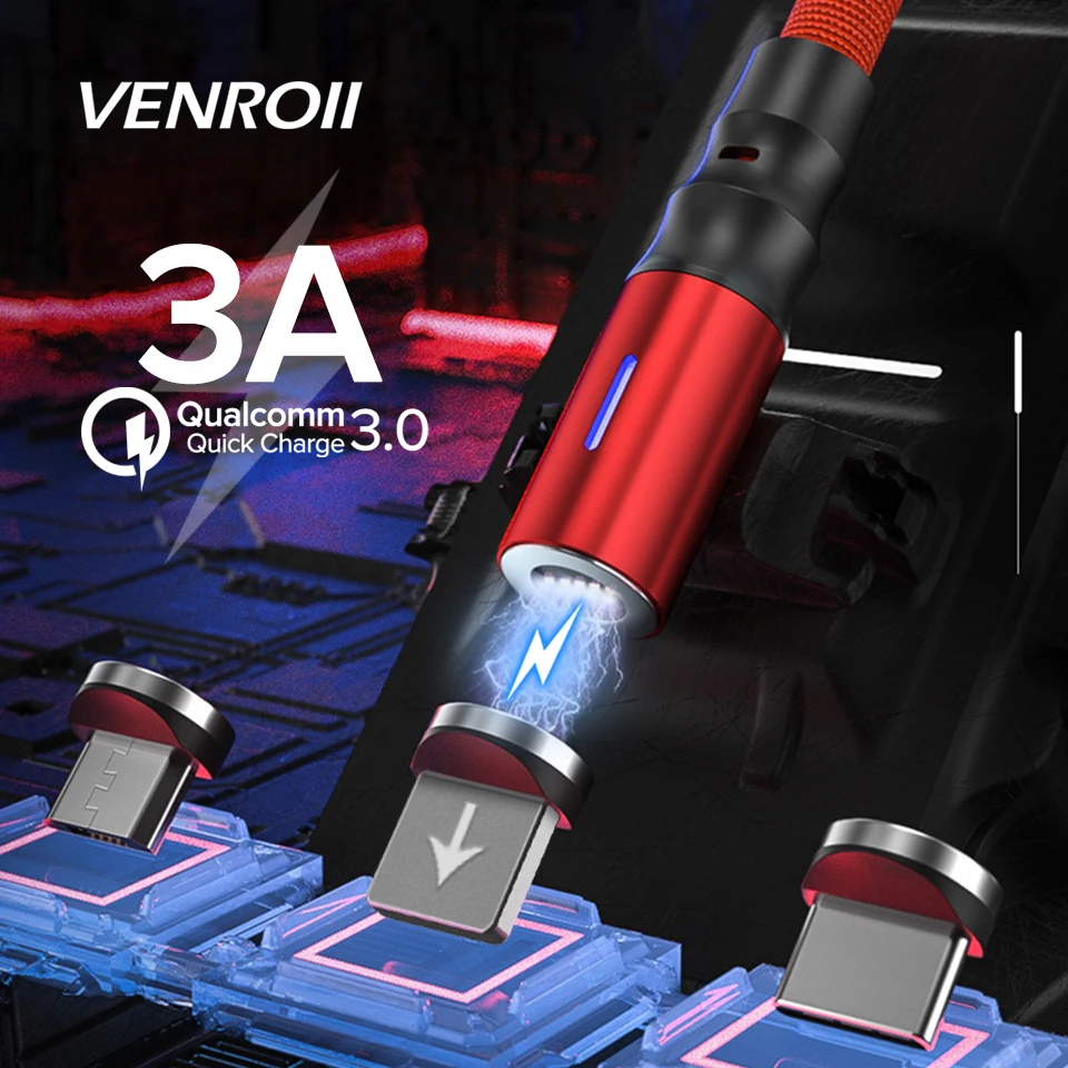 Магнитный кабель Venroii usb type C 3A для быстрой зарядки Micro шнур ...