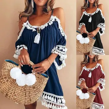 

New Summer Fashion Lady Halter O Neck Cold Shoulder Tassel Loose Princess Midi Dress
