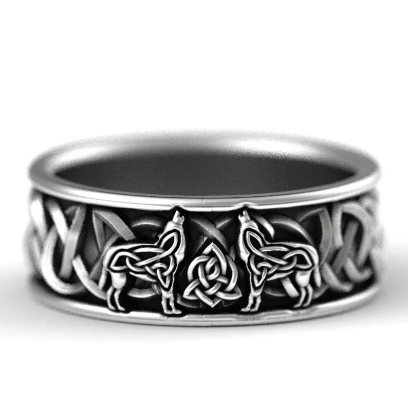 

New Vintage Viking Nordic Mythology Giant Wolf Men Ring Defense Totem Wolf Fashion Hip Hop Rock Unisex Finger Ring Punk Gift