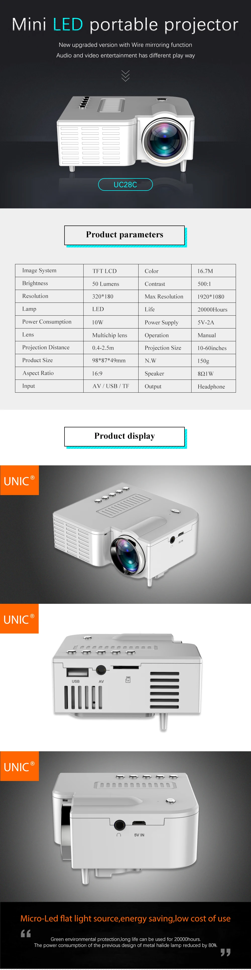 UNIC 28C мини-проектор портативный светодиодный 1080p Full HD проектор домашний кинотеатр развлекательные проекторы USB/SD/AV вход