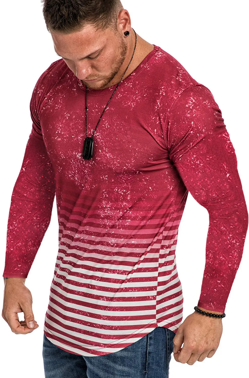 

Men's Gym T Shirt Gradient Slim Muscle Fit Long Sleeve Cotton Curved Hem T-Shirts Men Casual Gradient Pullover Tops