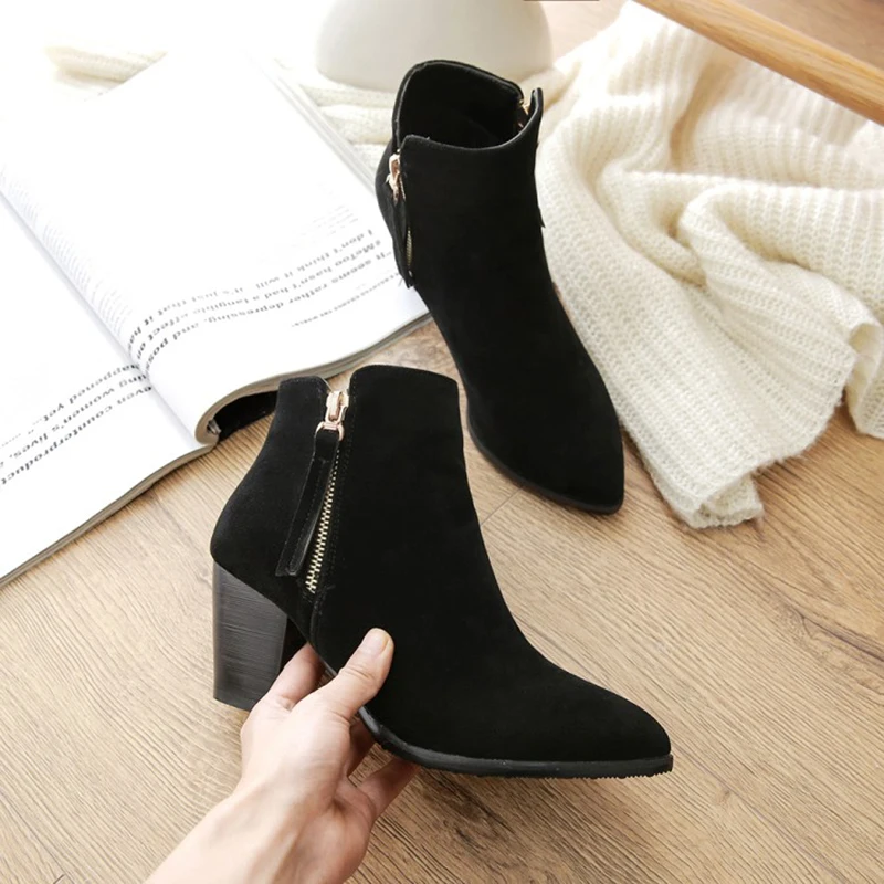 Kolnoo New Winter Style Womens Ankle Boots Versatile Matte-Suede Pointed-Toe Dress Boots Large Size 34-50 Fashion Short Shoes