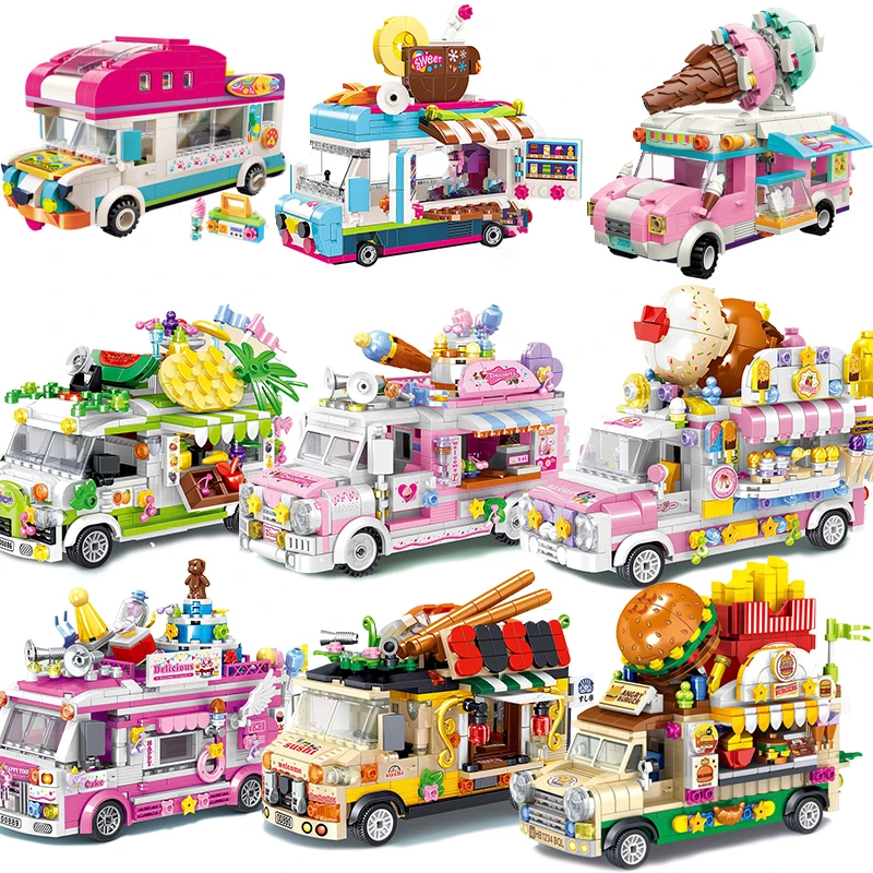 Juego de bloques de construcción de coche de helado para niños, Mini bloques de construcción, bloques de modelismo, libro de juguetes, ciudad, Club, parque de atracciones
