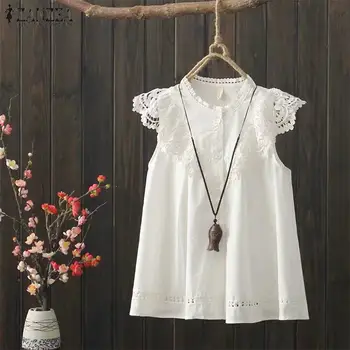 

Plus Size Tunic Women's Summer Shirts ZANZEA Elegant Lace Patchwork Tops Casual Sleeveless louse Female Casual Patchwork Blusas