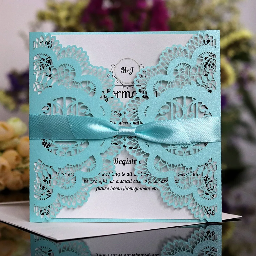 10pcs Elegant Laser Cut Wedding Invitations Card Paper With Ribbon Envelopes Square Lace Customize  - 4000274051371