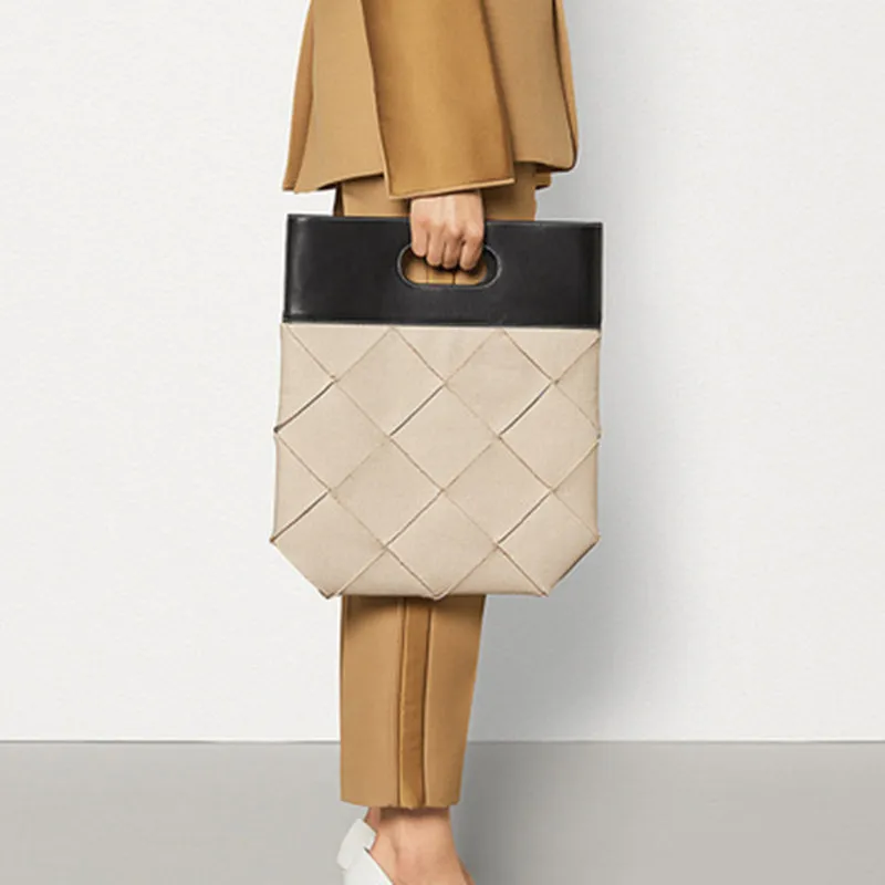 

2019New pattern Handbag Cowhide Dage weaving High-capacity Woman Linger bag Hemp material and Genuine leather Bucket