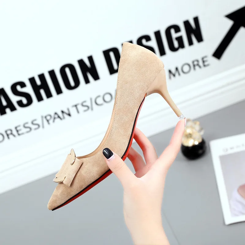 

Autumn New Style Thin Heeled Pointed Shallow Mouth Shoes Women's Suede Metal Buckle High Heel Shoes Women's OL Korean-style WOME