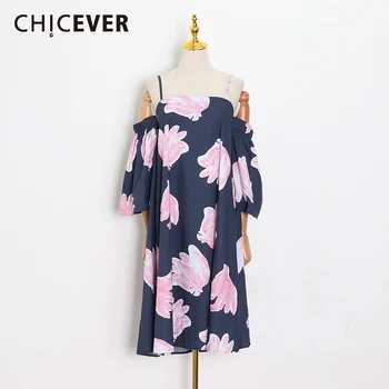 

CHICEVER Off Shoulder Women Dress Slash Neck Flare Sleeve Loose Print Dresses Female Casual Vacation Fashion 2020 Clothes New