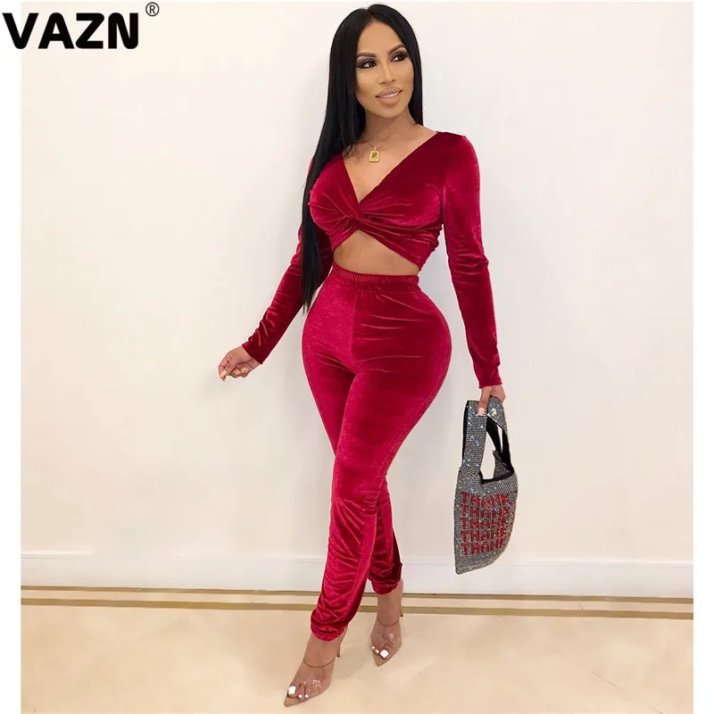 VAZN YY5132 Горячие замшевые наряды Смарт сексуальные открытые Стиль однотонное сексуальное нижнее белье с глубоким v-образным вырезом длинный рукав длинные брюки для девочек эластичные Для женщин комплект из 2 частей