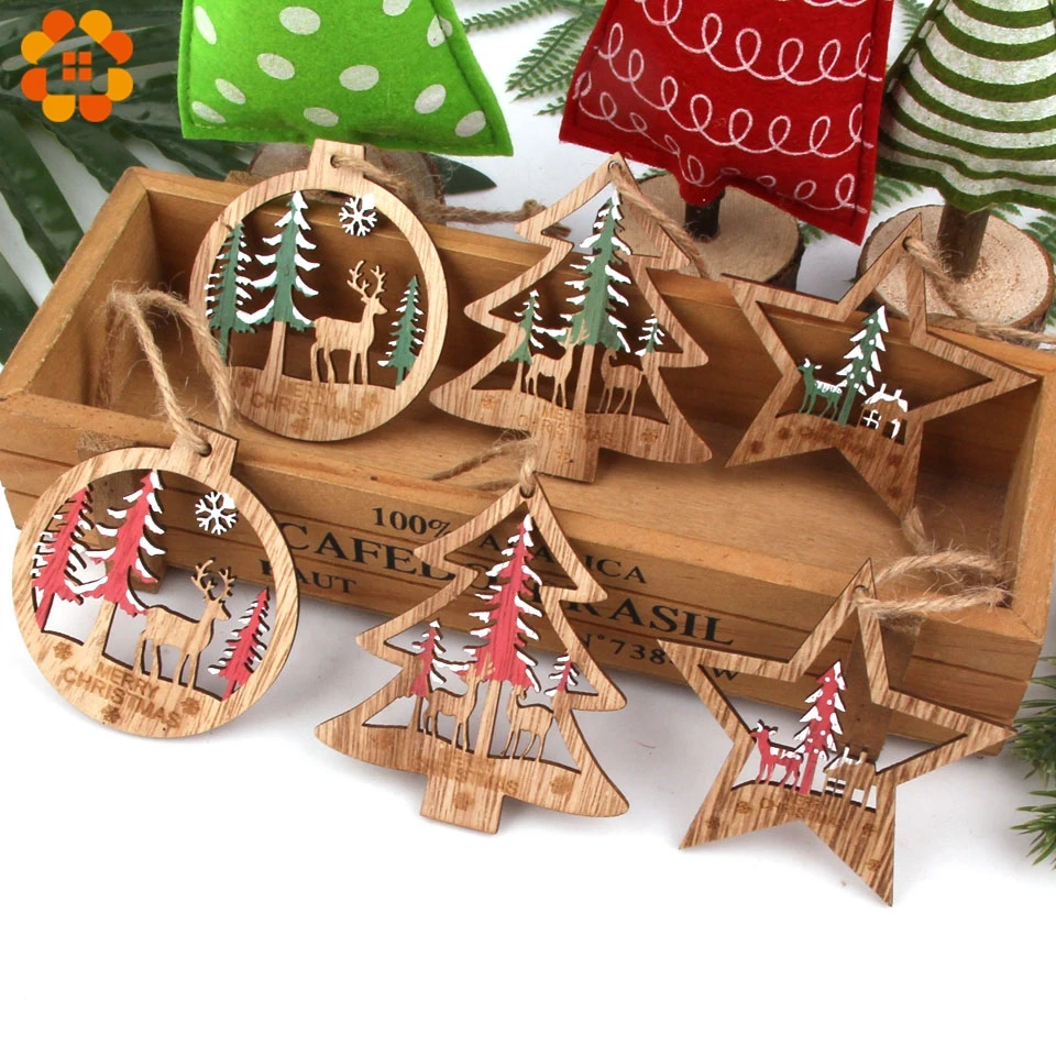 

6PCS Vintage Hollow Printed Christmas Star/Tree/Ball Wooden Pendants Ornaments Wood Crafts Christmas Tree Ornaments Decorations